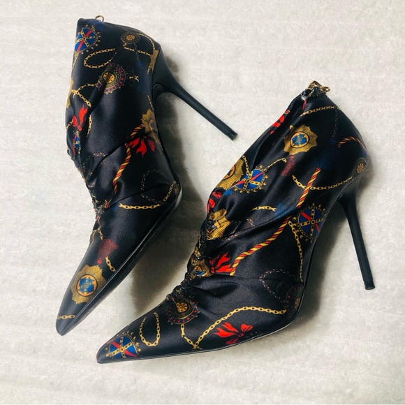 ZARA Black Ankle Boots Multi Scarf Print Satin Bootie Heels. Size 36 - Picture 4 of 14